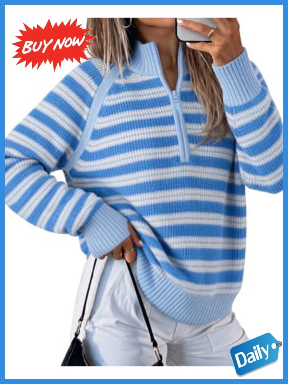 Women Striped Mock Neck Half Zip Ribbed Knit Pullover Sweater with Thumbholes